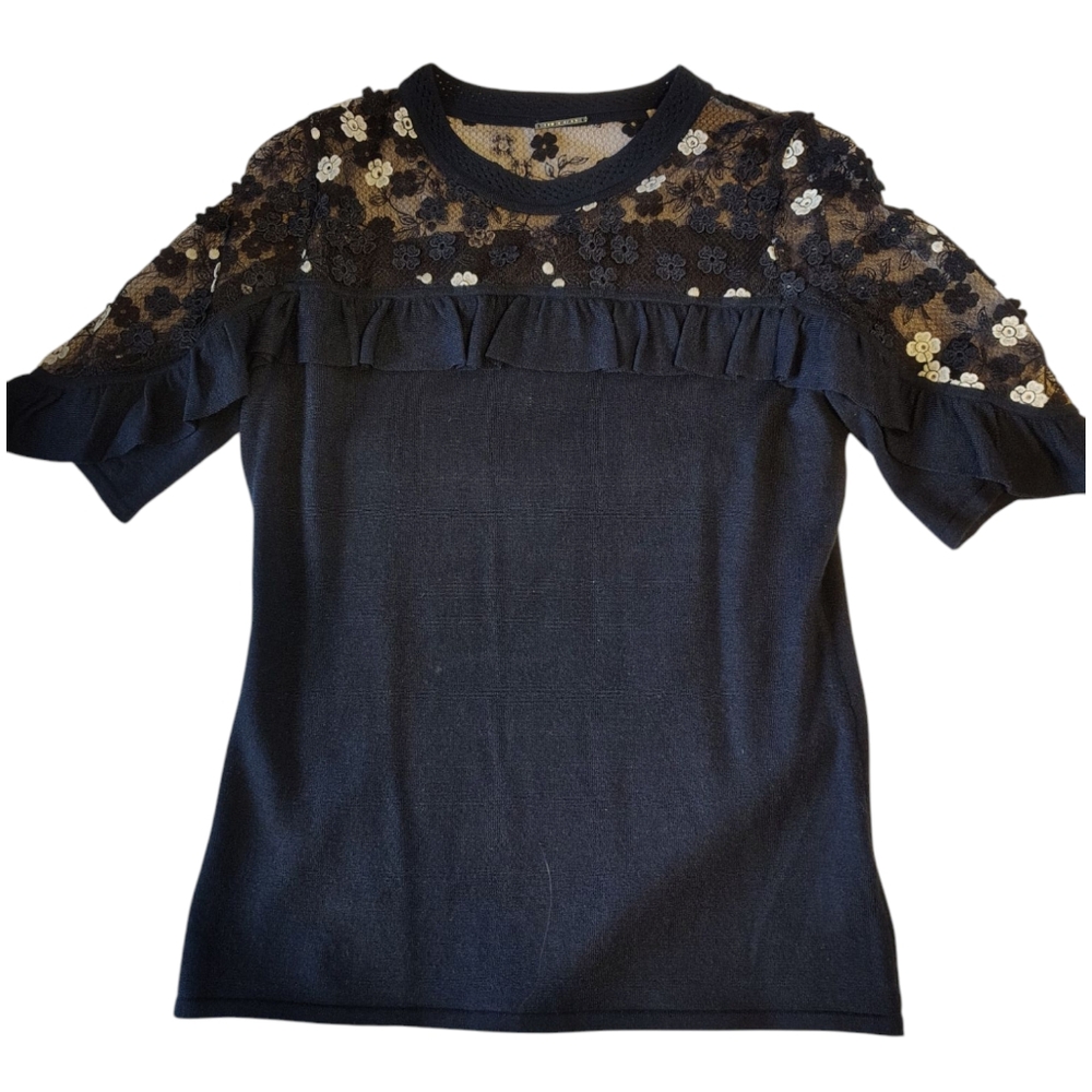 Elie Tahari Blue Floral Ruffle Bodice Extra Fine Merino Wool Blouse Size SP.....